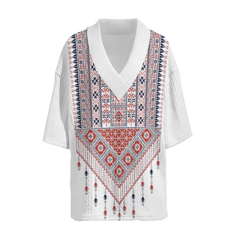 American Jacquard Casual Men's V-neck Drop Shoulder Loose Oversized Hawaiian Short Sleeve Shirt_voghion.com