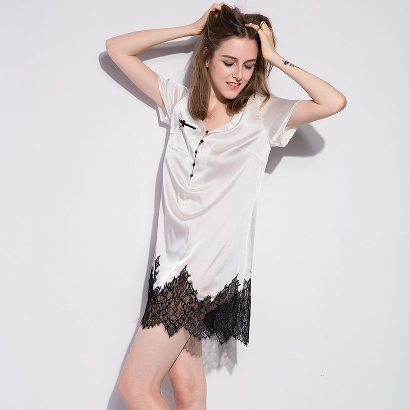 19 Mmi Seidenpyjama Damen Sommer Dünnes Kurzarm-Nachthemd Aus Maulbeerseide Mit Spitze Sexy V-Ausschnitt Lockeres Zuhause_voghion.com