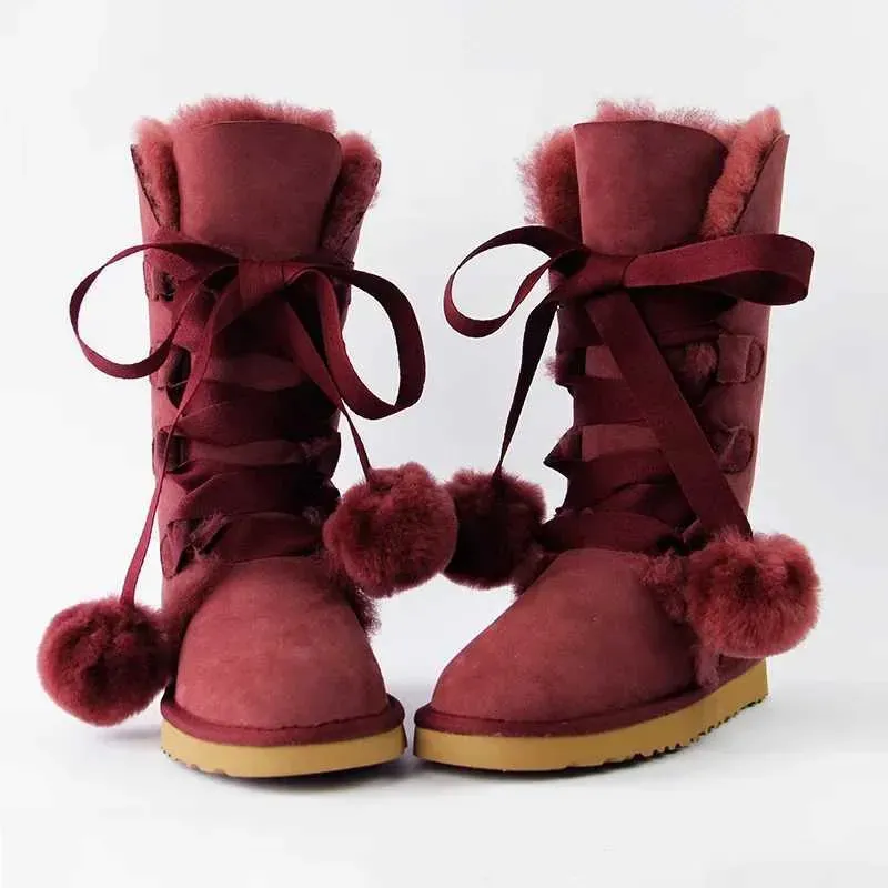 Casual Heißer Verkauf Frauen 100% Echtem Schaffell Leder Hohe Schnee Warme Natürliche Pelz Winter Mode Frauen Lange Stiefel Schuhe_voghion.com