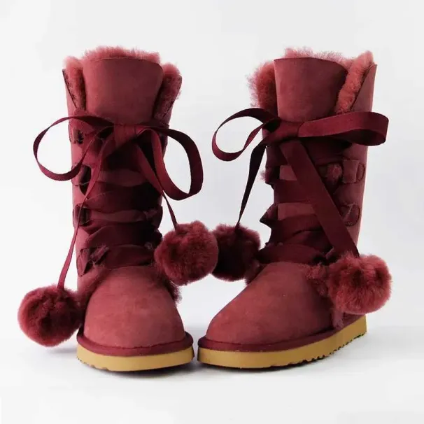 Casual Heißer Verkauf Frauen 100% Echtem Schaffell Leder Hohe Schnee Warme Natürliche Pelz Winter Mode Frauen Lange Stiefel Schuhe_voghion.com