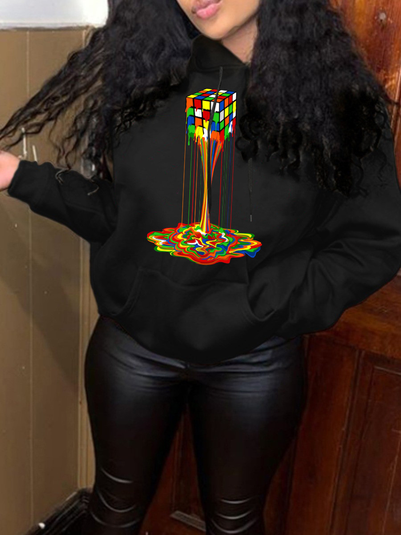 Felpa con cappuccio alla moda Felpa con stampa cubo di Rubik da donna Spot di grandi dimensioni_voghion.com