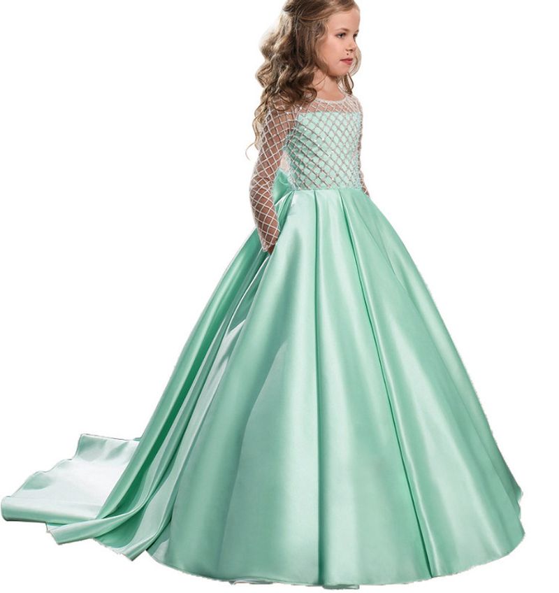 Kid's Clothing new children's clothing children's dress girl lace satin bow small train flower girl princess dress_voghion.com
