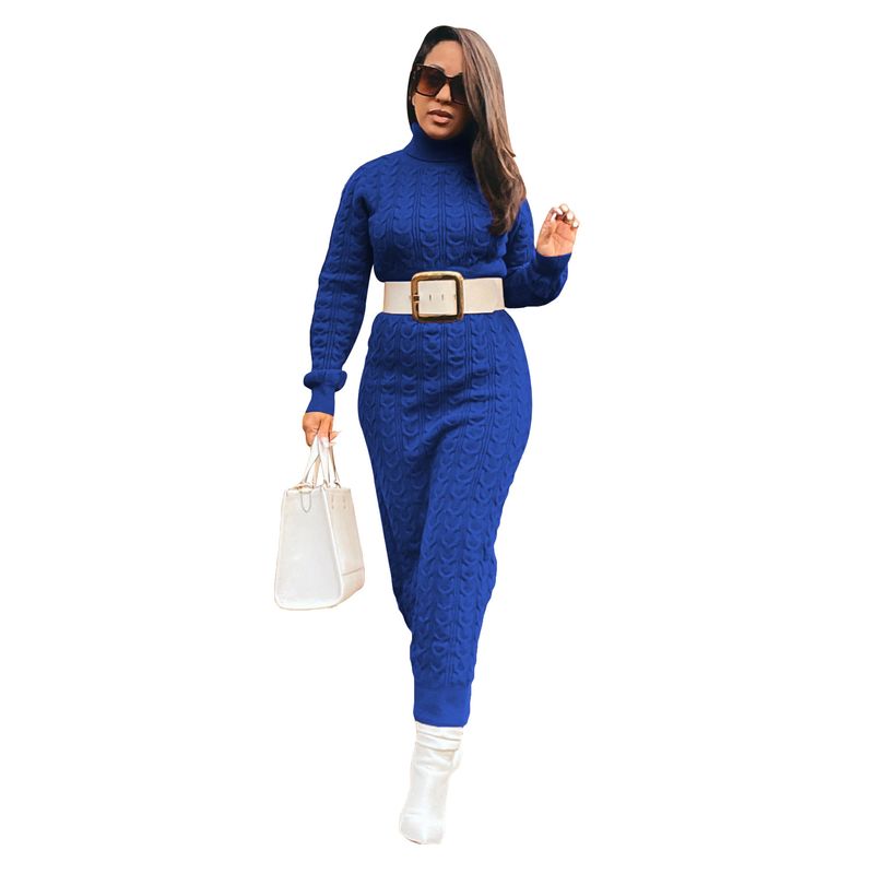 TS1236 new women's solid color high neck knitted long dress (without belt)_voghion.com