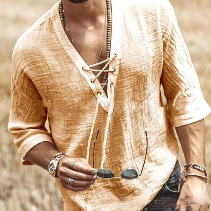 T-shirt à manches mi-longues pour homme avec cors et lien sur la poitrine_voghion.com