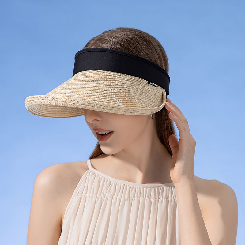 Sombrero de paja de moda para exteriores, protector solar, sombrero para el sol, tendencia de verano para mujer, parasol con empalme, sombrero de paja con parte superior vacía_voghion.com