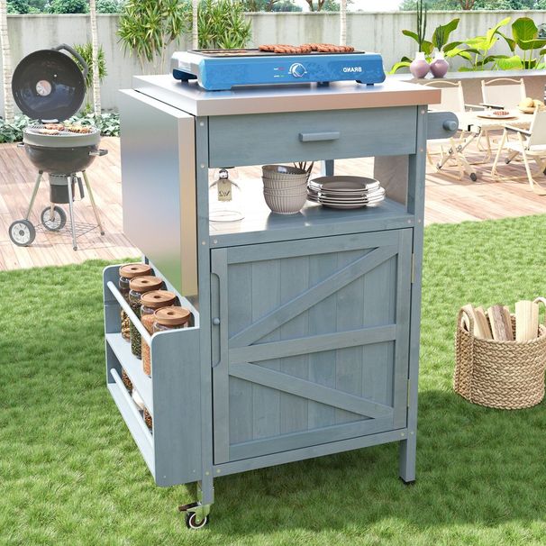 40.5' Outdoor Grill Cart With Stainless Steel Top, Solid Wood Outdoor Storage Cabinet With Drop Leaf, One Drawer, Towel Rack, Rolling Kitchen Cart W_voghion.com