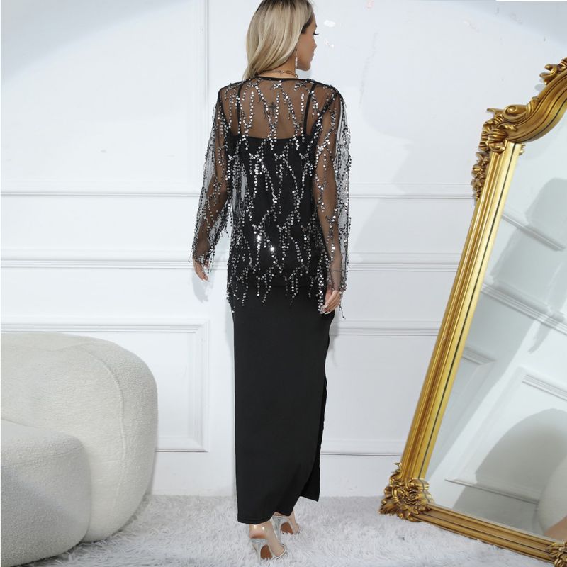 Ensemble deux pièces chemisier à franges et sequins pour femme avec jupe longue et licou_voghion.com