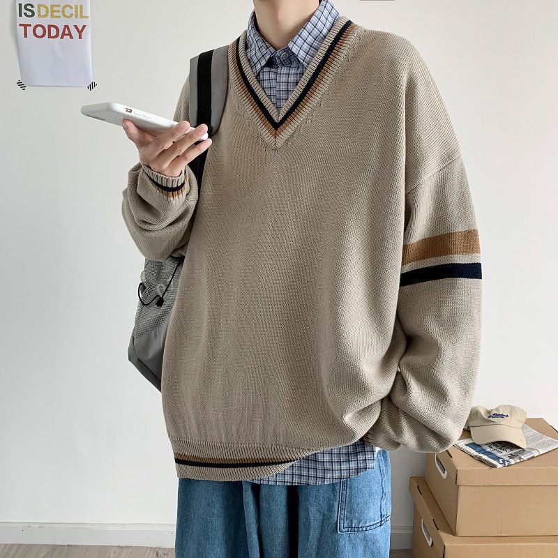 Herrenbekleidung Frühlings- und Herbststil Farbblockpullover Herren V-Ausschnitt Retro Studenten Einfacher Stil Modische Ins Strickpullover Jacke_voghion.com