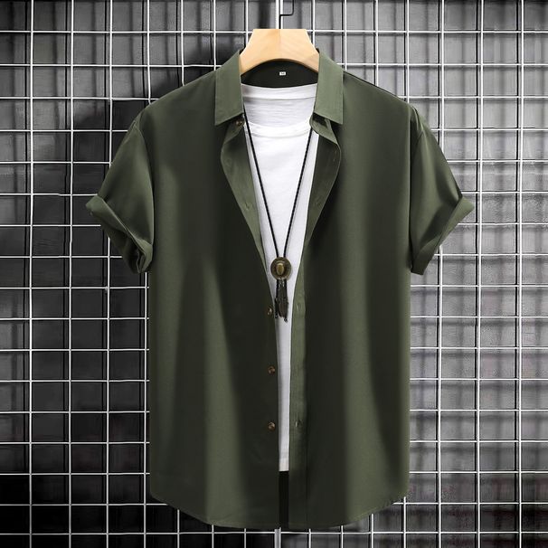 Vīriešu apģērbs īsroku krekls, vienkrāsains, tīras krāsas, moderns vīriešu apģērbs, četrpusēji elastīgs vīriešu krekls, vasaras tumši zaļš, 2024. gada jauns_voghion.com