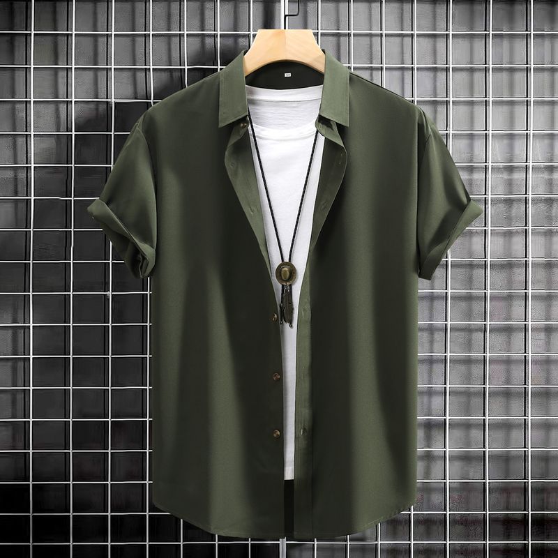 Men's Clothing short-sleeved shirt solid color pure color fashionable men's wear four-sided stretch men's shirt summer dark green 2024 new_voghion.com
