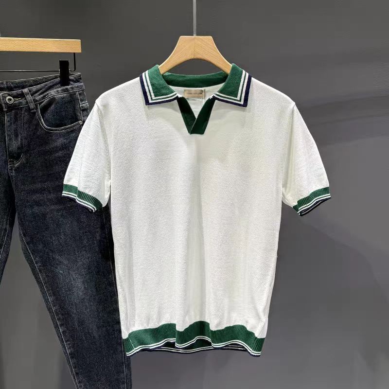Erkek Giyim Örme V Yaka Polo Gömlek Renk Uyumlu Açık Olgun Retro Yaz Kısa Kollu Yakışıklı Günlük Erkek Tişörtü Yeni Üstler_voghion.com