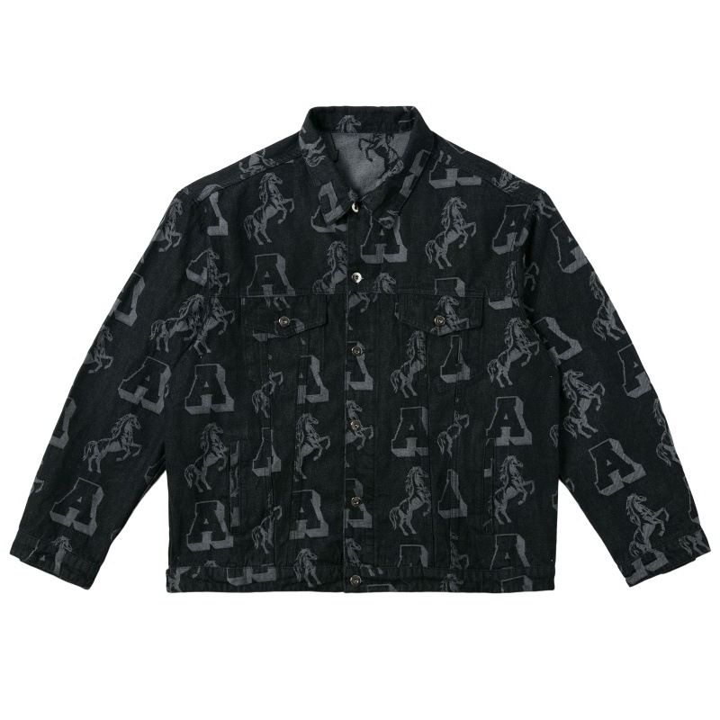 Streetwear-Jeansjacke für Herren – Übergroßer Logo-Mantel mit orientalischem Print, verwaschenes Vintage-Blau/Schwarz, Hip-Hop-Mode für Skater-Jungs_voghion.com