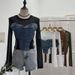 Damenbekleidung Mädchen Design Mesh Splicing Denim Top Langarm Bottoming Shirt Schlankes kurzes Nischen-T-Shirt_voghion.com