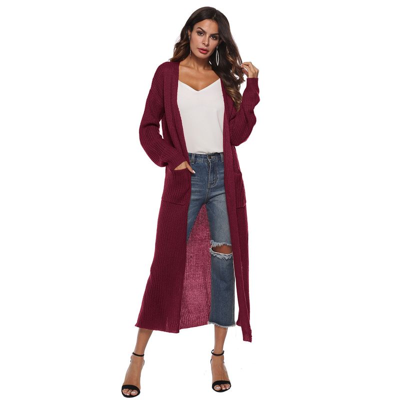Elegant Mohair Blend Long Cardigan For Women - V-Neck Open Front, Side Slits & Large Pockets, Oversized A-Line Coat In Multiple Colors_voghion.com