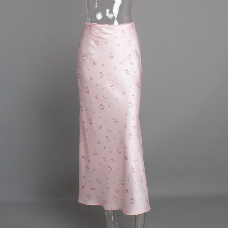 Women's Clothing Spring And Summer New Temperament Floral Satin Printed Drape High Waist Skirt_voghion.com