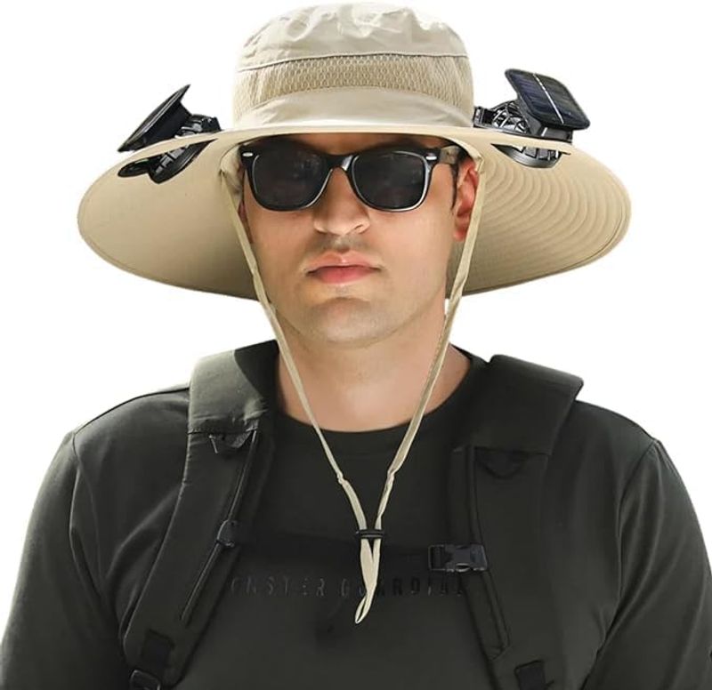 Sombrero de ala ancha para exteriores con 2 ventiladores solares, sombrero tipo cubo para hombre y mujer, UPF 50+, sombrero tipo cubo para pesca y playa con ventilador incorporado._voghion.com