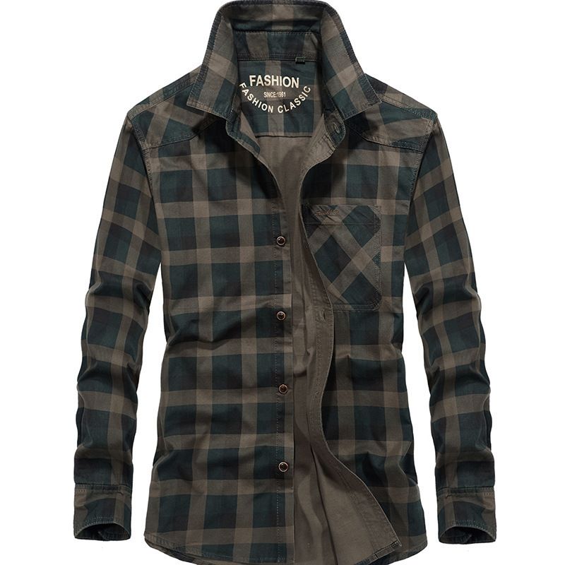 Abbigliamento da uomo Camicia a quadri casual a maniche lunghe da uomo - Comoda camicia oversize in cotone con bottoni per primavera e autunno (cachi, verde militare)_voghion.com