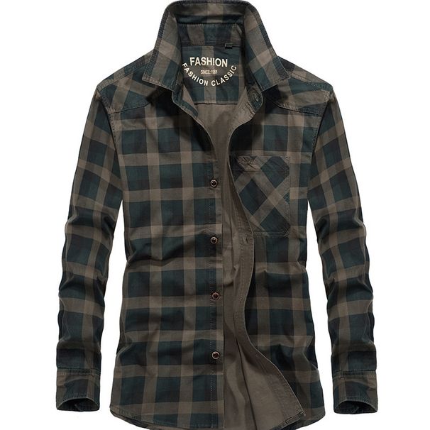 Abbigliamento da uomo Camicia a quadri casual a maniche lunghe da uomo - Comoda camicia oversize in cotone con bottoni per primavera e autunno (cachi, verde militare)_voghion.com