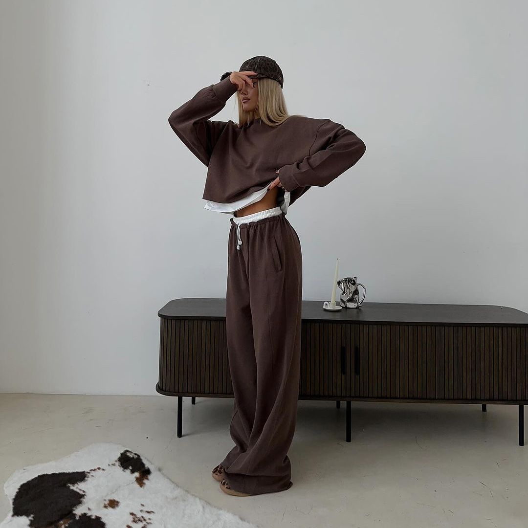 Női ruházat, hosszú ujjú, kerek nyakú, kétrészes pulóver öltöny Női Divatos, bő, magas derekú kendővel, alkalmi nadrág, kétrészes öltöny_voghion.com