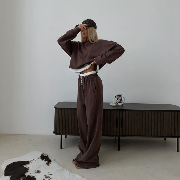 Női ruházat, hosszú ujjú, kerek nyakú, kétrészes pulóver öltöny Női Divatos, bő, magas derekú kendővel, alkalmi nadrág, kétrészes öltöny_voghion.com