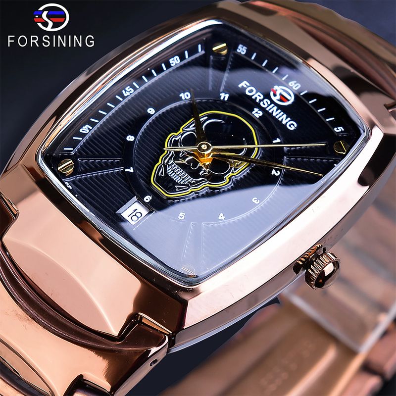 Forsining Cool Punk 3D Skull Black Man Quartz Watch Date Function Luxury Steel Strap Male Rectangle Case Watches Clock Relogio_voghion.com
