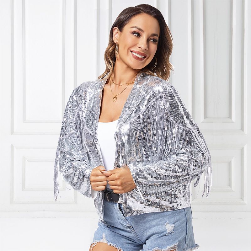 Giacca con paillettes da donna, per discoteca, discoteca, bar, street dance, giacca cardigan con paillettes e nappe, da donna adulta_voghion.com