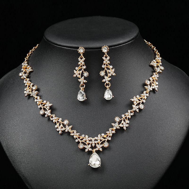 Collier et boucles d'oreilles de mariée coréenne, ensemble deux pièces pour femmes, pendentif court en forme de gouttelette et chaîne de clavicule polyvalente_voghion.com
