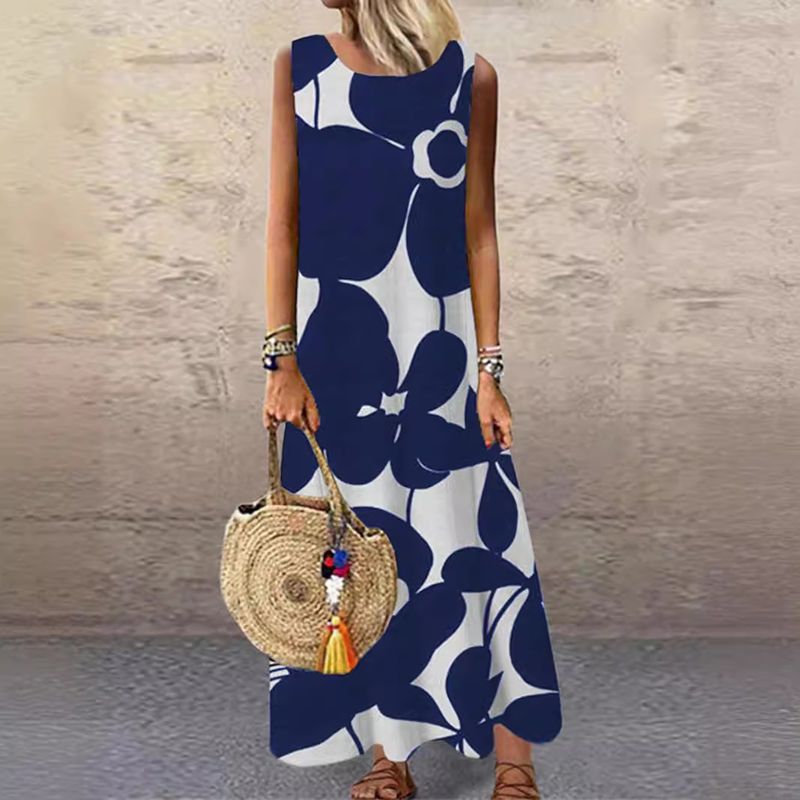 Vêtements pour femmes, robe imprimée à col rond, longueur moyenne, sans manches_voghion.com