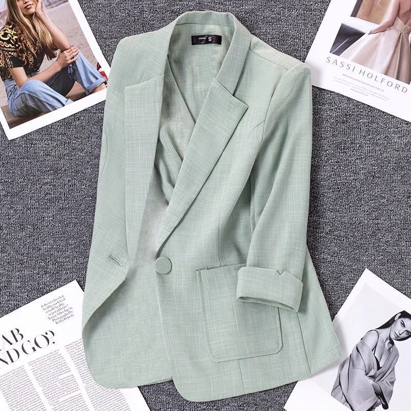 Leichter Leinenblazer für Damen – Kurzärmlige Freizeitjacke in Salbeigrün (S-4XL, atmungsaktive Sommer-Bürokleidung, knitterfrei)_voghion.com