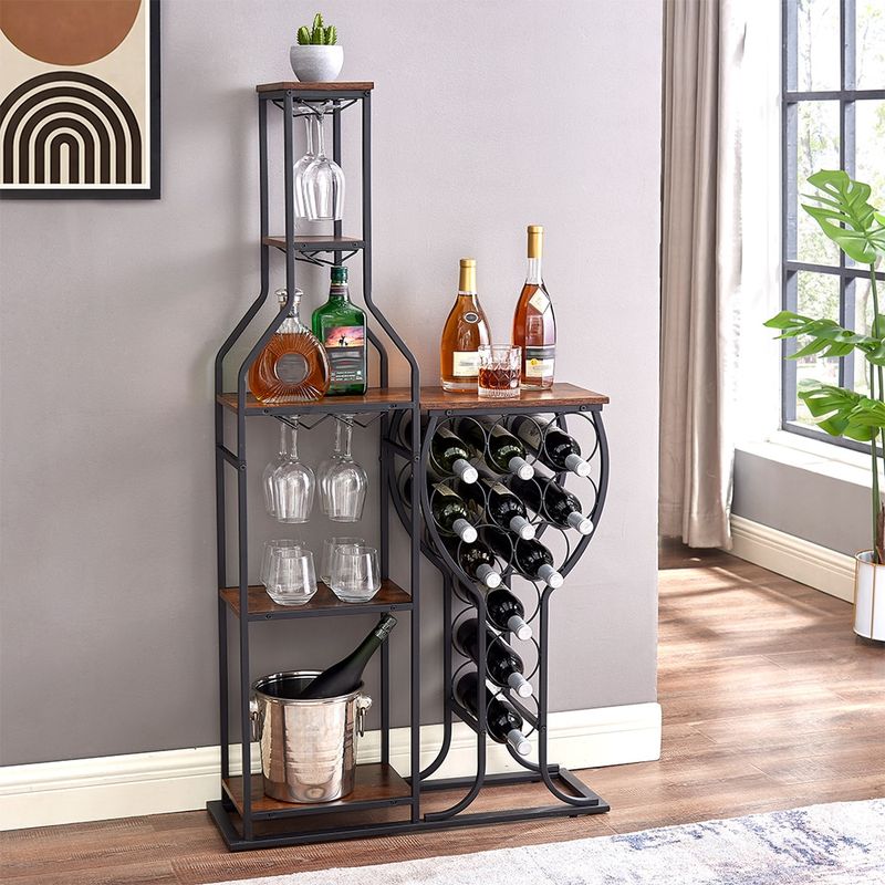 11-Bottle Floor Wine Rack,5 Tier Freestanding Wine Rack With Wine Glass Holder And Storage Shelves,for Home Bar,Living Room,Dining Room,Gift_voghion.com