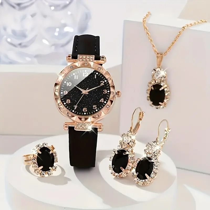 Relógios Femininos Relógios Femininos da Moda 4 peças/conjunto Relógios Elegantes de Quartzo Relógios de Strass e Conjuntos de Jóias Relógios Femininos_voghion.com