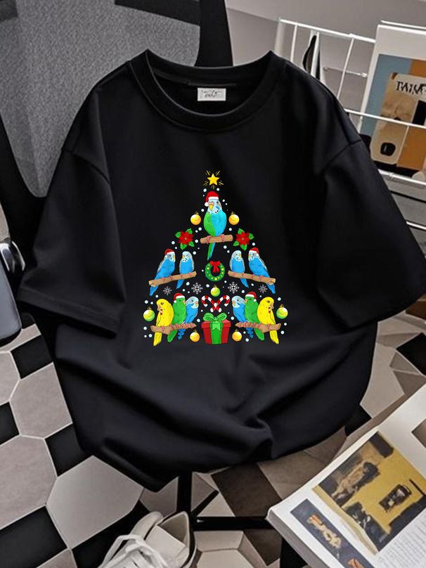 ¡NUEVO! Camiseta con estampado de periquitos, árbol de Navidad y regalo de Navidad. Cómoda y elegante, ideal para el día a día. Diseño gráfico, transpirable, informal y elástico._voghion.com