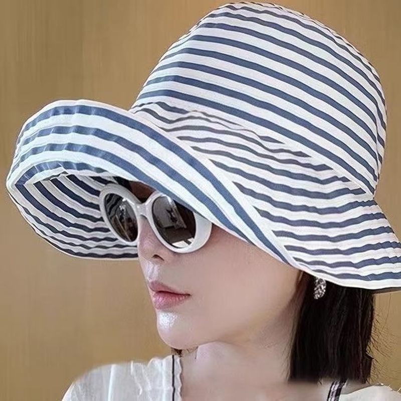 Sombrero plegable estilo francés UPF50+ para mujer: sombrero de playa a rayas con ala ancha, plegable, para viajes y con protección UV para el verano._voghion.com