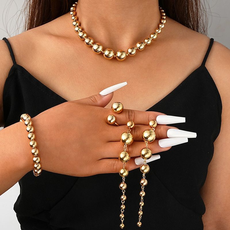 Women's Jewelry Fashion Versatile Creative Simple Geometric Round Bead Necklace Bracelet Earring Ring Jewelry Set_voghion.com