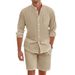 Herren Sommer Leinen Button Up Hemd Langarm Shorts Strickjacke Casual Loose Beach Suit Männer_voghion.com
