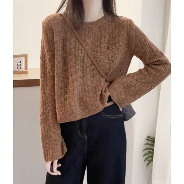 girl Casual Versatile Long Sleeve Knitted Thin Women's Autumn New Lazy Style Loose Short Soft Round Neck Sweater_voghion.com