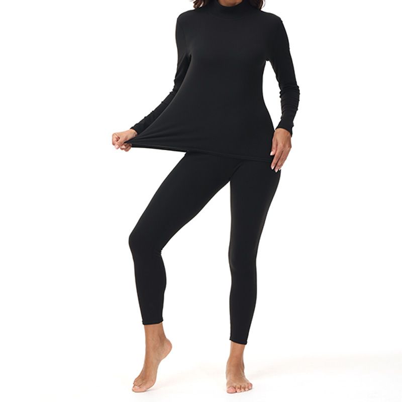 Women's Thermal Underwear Set High Neck Fleece Lined Long Sleeve Tops & Pants Winter Warm Base Layer Soft Stretchable Dralon Fabric Pure Color_voghion.com