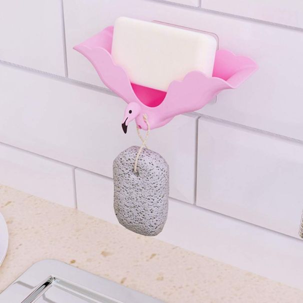 3Pcs Perforated Free Cartoon Flamingo Wall-Mounted Soap Dish Rack Drainage Storage Organizer_voghion.com