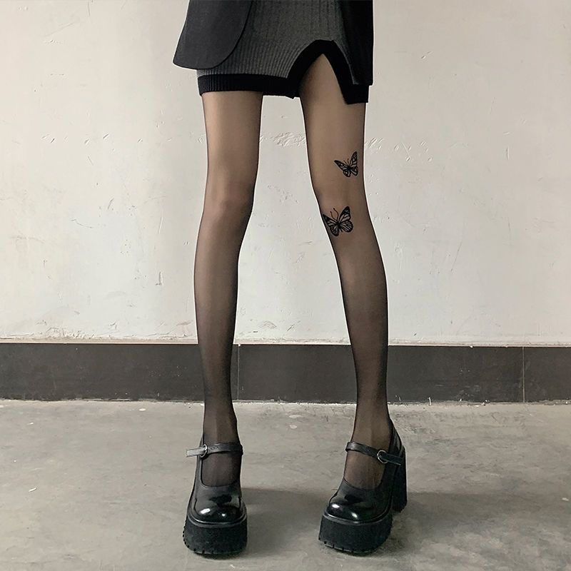 Bas à nœud pour femme, collants sexy en soie noire, motif imprimé JK Lolita_voghion.com