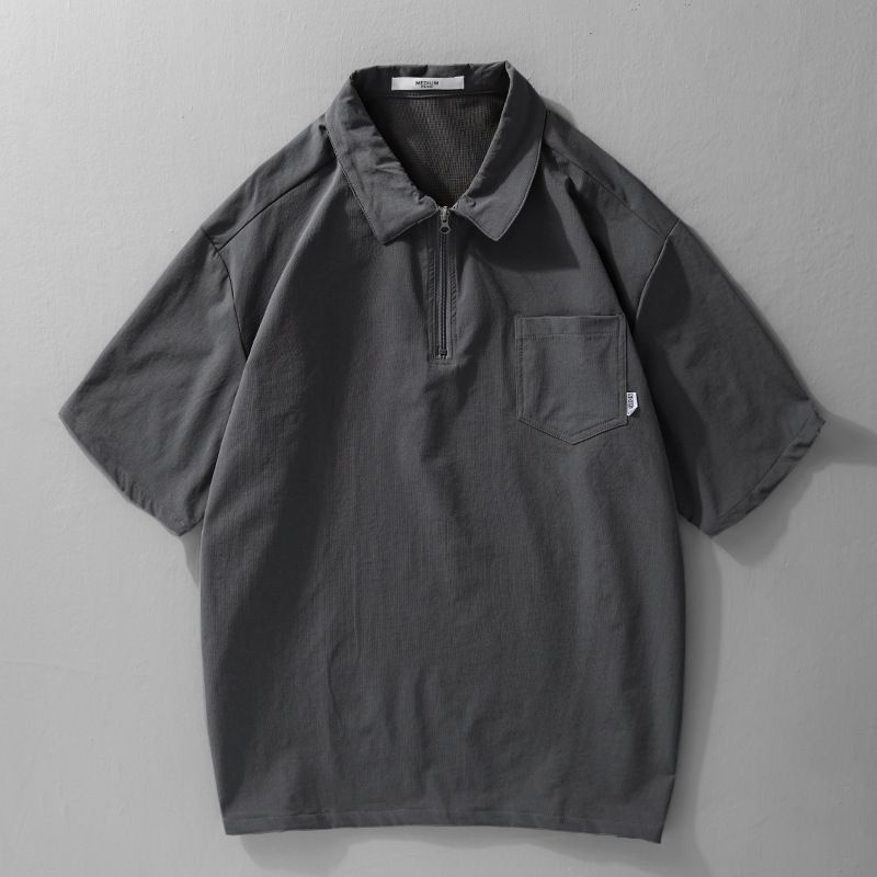 Short Sleeved Summer Thin Trendy Loose Workwear T-shirt With Half Zipper For Men_voghion.com