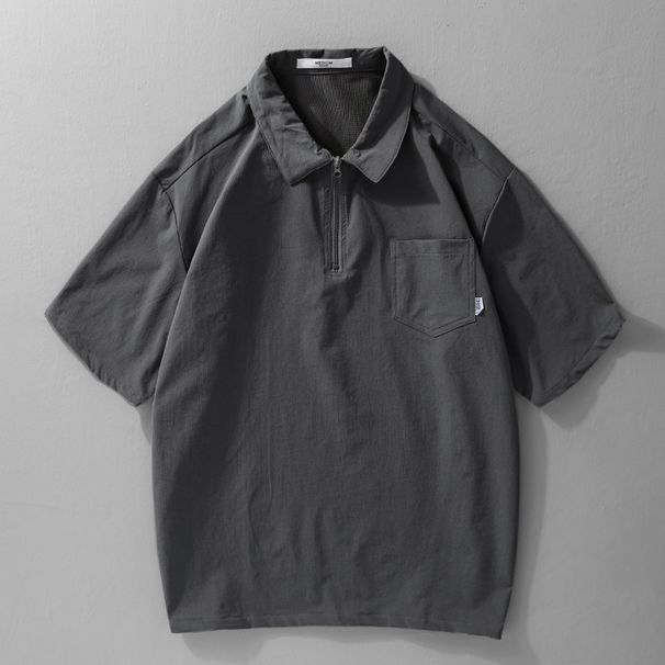 Short Sleeved Summer Thin Trendy Loose Workwear T-shirt With Half Zipper For Men_voghion.com