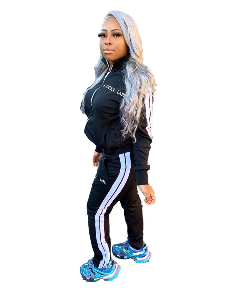 Costume deux pièces de sport pour femmes, avec lettres brodées, fermeture éclair, à la mode_voghion.com