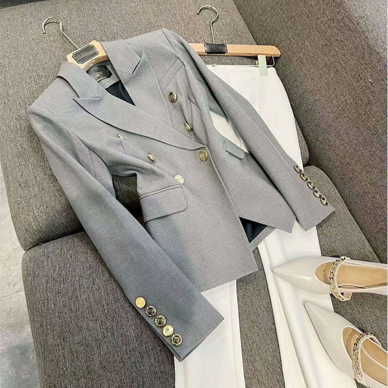 Women's Clothing Ready made gray good aura! Double breasted metal buckle slim fit commuter long sleeve blazer_voghion.com