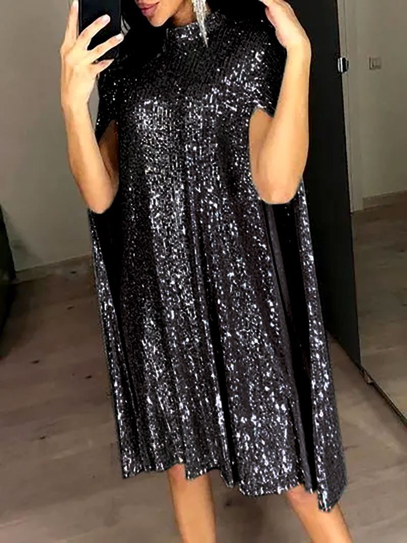 Abito da donna con perline, maniche lunghe, spacco, piccolo collo alto, gonna a mantella_voghion.com