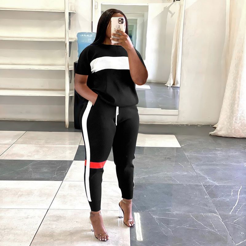 Women's sweatshirt stitching striped suit sports long sleeve casual women's wear_voghion.com
