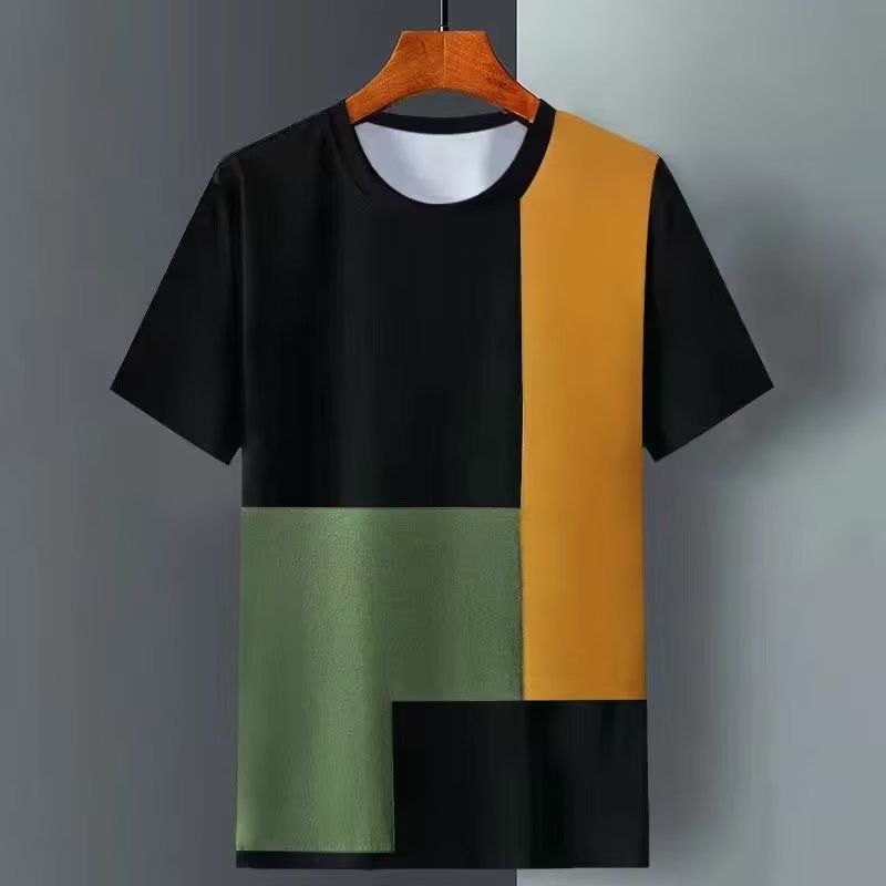 Men's Clothing ice silk short-sleeved men's summer Korean version loose checkered splicing cool short-sleeved T-shirt men's trendy tops_voghion.com