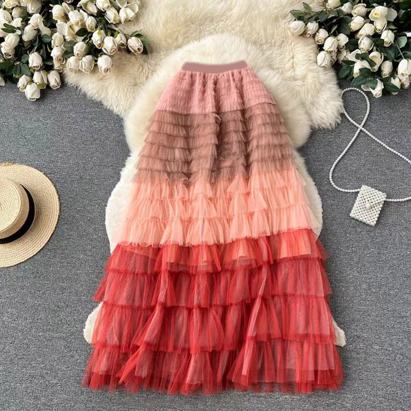 Gonna a torta in tulle con gonna a rete irregolare di colore sfumato per abbigliamento femminile_voghion.com