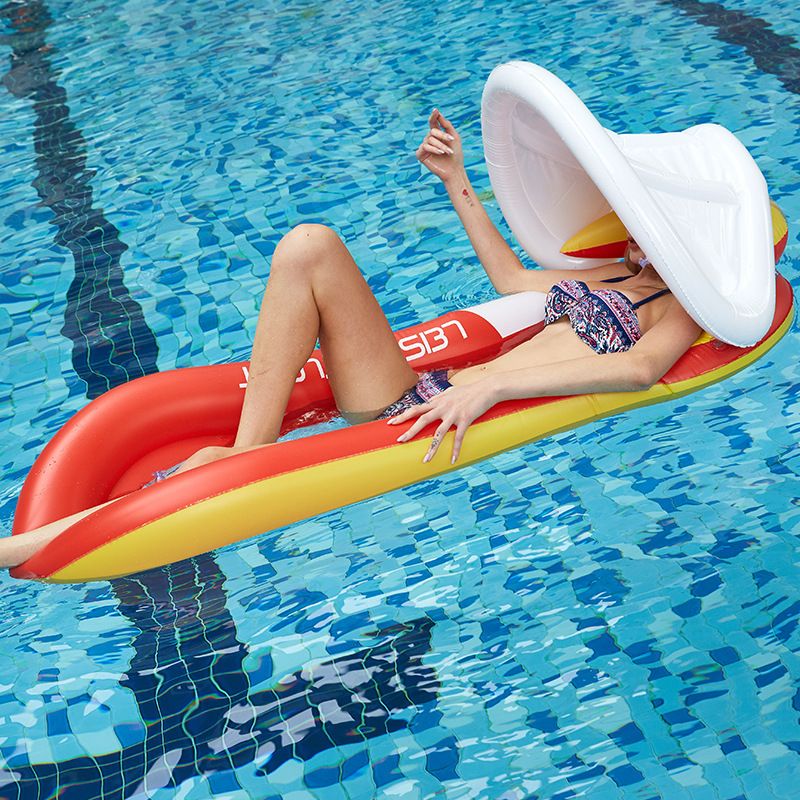 Inflatable Pool Lounge With Canopy Reclining Backrest Foldable Floating Bed With Storage Net Multi-Position Sun Shade_voghion.com