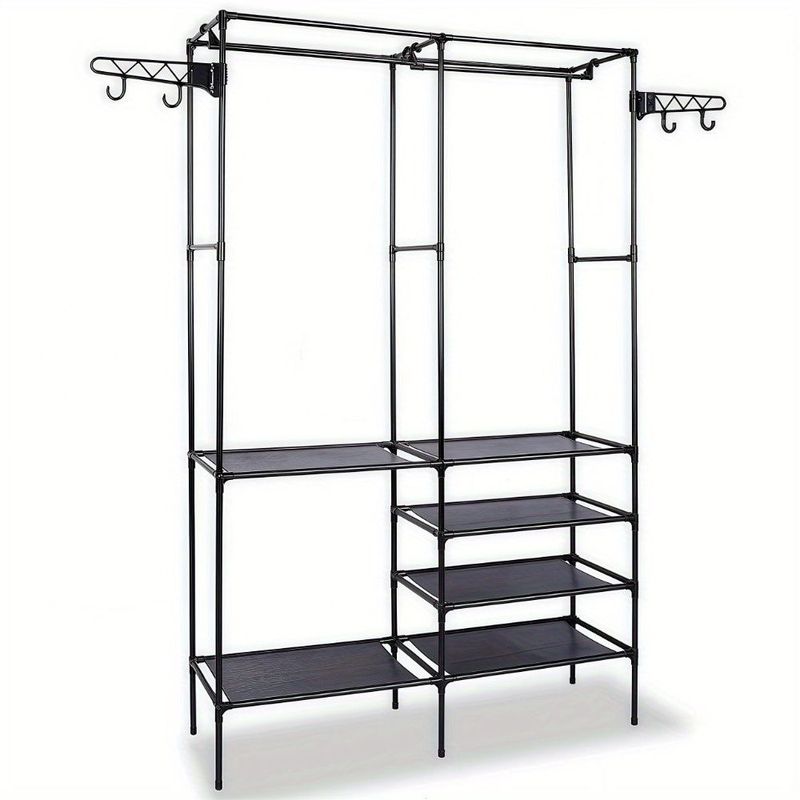 Clothing Rack Clothes Rack, 66'' Multifunctional Garment Rack For Hanging Clothes, 4 Tiers Portable Closet Rack With 4 Hooks & 2 Hanging Rods, Coated Metal Freestanding Closet Wardrobe System, Black_voghion.com