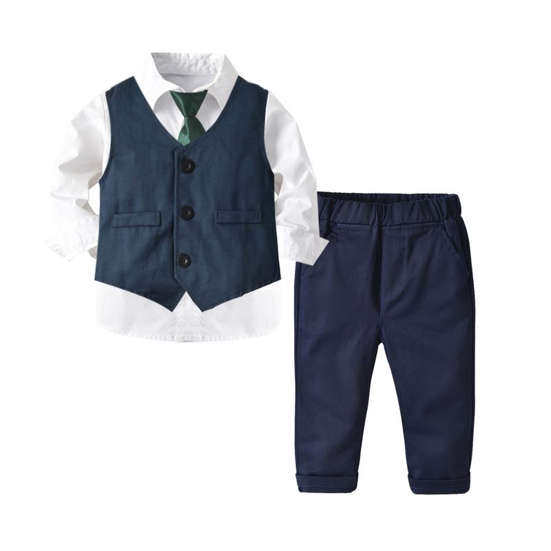 Costum pentru copii de toamnă, cămașă albă, vestă albastră safir, pantaloni țesuți, costum din patru piese, costum pentru băieți_voghion.com